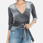 EXPRESS  Grey Velour Ribbed V-Neck 3/4 Sleeve Faux Wrap Tie Front Top Photo 0