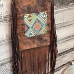 Aztec print with fringe crossbody purse with adj strap leather USA made Brown Photo 7