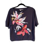 Chico's Gathered Hem Navy Blue Floral Print Short Sleeve Top 100% Cotton Size 2 L Photo 1