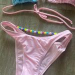 Pastel baby pink blue triangle cut out bead bikini top bottom swimsuit set XS NEW Photo 1