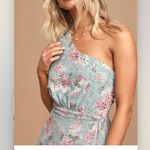 Lulus NWT  Way to Wow Dusty Blue‎ Floral One Shoulder Faux-Wrap Dress LARGE Photo 1
