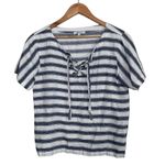 Madewell Striped Boxy Lace Up Tie Blouse Short Sleeve Linen Top Blue White Small Photo 1