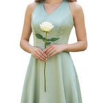 Bari Jay Halter Midi Satin Dress 8 Sage Green Bridesmaid Mother Ribbon Hem #305 Photo 0