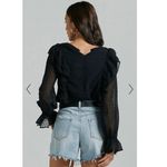 CeCe  Black Long Sleeve Ruffle Sheer Polka Dot Print Mesh Peplum Blouse Top S Photo 3