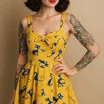 Vtg Dress Ixia Cat Novelty Print Yellow Fit Flare Rockabilly Jazz 50s M Size M Photo 0