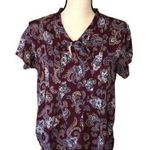 Lands' End Womens Size 10 Petite Top Paisley Neck Tie Short Sleeve Pintuck Maroon Photo 0