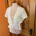 Vintage Cream Crochet Knit Tie Front Cover Up | 70s Boho Sheer cardigan Photo 8