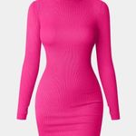 OQQ Bright Pink Ribbed Mock Neck Long Sleeve Tummy Control Mini Dress Large N44 Photo 0