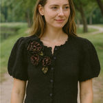 Susan Bristol VINTAGE floral applique cardigan black puff sleeves sweater Medium Photo 0