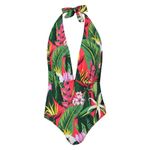 Boohoo  Green Red Tropical Floral Plunge Halter Neck One Piece Swimsuit Size 12 Photo 3