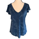 White House | Black Market  blue floral t-shirt, ruching on shoulders, size M EUC Photo 1