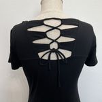 Chico's 0 US Small 4 Essential Tee Dress Asymmetrical Hem Black Midi Shift V-Neck Photo 8