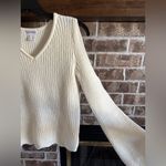 Venus  V-neck ribbed knit sweater in cream/ivory, wide bell sleeves,scalloped hem Photo 5