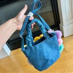 Handmade  Colorful Fluffy Heart Hand Bag, Adjustable Shoulder Strap, Blue, Denim Photo 1