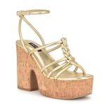 Nine West NWOB Platino Olander Knotted Platform Sandals Gold Ankle Strap Wedge Photo 0
