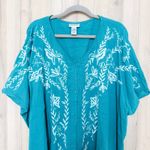 Catherines  Womens Embroidered Blouse Size 3X Teal Boho Floral Cottage Artsy Photo 1