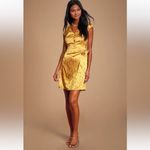Lulus  Size Large Iconic Mustard Yellow Satin Faux Wrap Mini Dress NWT Photo 1