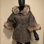 Raccoon Fur Flare Sleeve Parka Coat Jacket Winter Coat trench Green Size M Photo 5