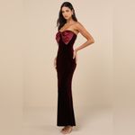 Lulus  Dramatic Stunner Burgundy Velvet Bow Strapless Maxi Dress Photo 3