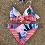 Splendid  BIKINI SET REVERSIBLE THIN STRIPED PALE PINK FLORAL NWT SZ L Photo 0