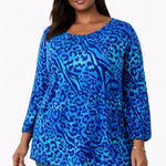 NWOT Belle by Kim Gravel Women’s 2X Blue Leopard Print Stretch Top Long Sleeve Photo 0