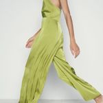 ZARA  jumpsuit wide leg halter neck olive green satin wedding evening formal Photo 12