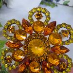 Vintage Gold with Amber Color Stones Flower Brooch Pin Yellow Photo 3