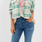 American Eagle AE Cozy Cropped Flannel Shirt Size M in a mint Green & Creme Plaid Pattern Photo 0