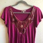 Moa Moa  Top Pink Sequin Floral Bib Cap Slv Tee L Photo 2