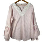 Spence Pink White Striped Top 3/4 Sleeve Floral Lace‎ Embellished Blouse Size L Size L Photo 0