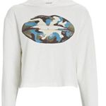 Intermix Shonna Drew Hoodie Camo Lips Cropped Sweatshirt , White/Blue, Small Photo 1