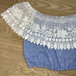 Miguelina Dakota Chambray Lace Crochet Off The Shoulder Crop Top Blue Size Small Photo 1