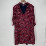 New York Company Floral Print Shirt Dress Navy Red XL Roll Tab Sleeve Photo 1