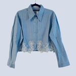 Embroidered Pinstriped Rhinestone Button Shirt Blue Size L Photo 0