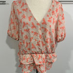 Kaileigh Size 2XL Coral Cream Floral Faux Wrap V-Neck Peplum Blouse Business Photo 0