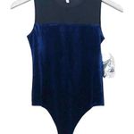 Good American  The Mixed Velvet Bodysuit Navy Blue and Black NEW Photo 0