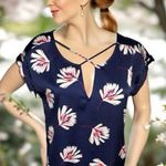 EXPRESS Split Neck Blouse Navy Floral Shirt Short Sleeve Top Women’s Small Photo 0