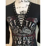 Affliction Fire Water  Women's  Bird Of Prey Black Silver Foil Design Tee Medium Photo 5