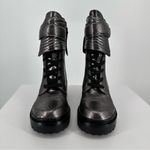 DKNY Basia Buckled Quilted Block-Heel Combat Boots sz 5 Metallic Silver Leather Photo 2