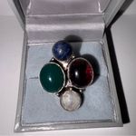 925 Sterling Silver Amethyst Moonstone Lapis Jade Cluster Bezel Quad Ring Size 8 Purple Photo 1