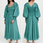 Abacaxi Eva Dress Teal Metallic Cotton Maxi Puff Sleeve Smocked Bodice Sz Large Green Photo 16