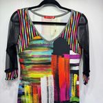 Olivier Philips Bright Colorful Paint Strokes Dress 3/4 Mesh Sleeves Art to Wear Size M Photo 2