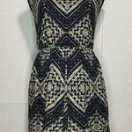 Alice + Olivia  Womens Small Abstract A-Line Dress Navy Tan Rayon EUC Photo 0
