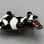 Vtg MJ Enameled Black and White Cow Brooch Pendant Red Flower Farmcore 1.5" Size 0 Photo 6