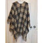 Pink Lily Plaid Poncho Wrap with Fringe Open Front Tan Black Oversized Photo 3