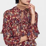 ZARA Red Sheer Ruffled Floral Paisley Peasant Blouse Photo 2