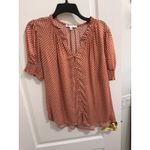 DR2 Peach Orange Geometric Print Ruffle Neck Button Front Blouse Top Size M Brown Size M Photo 1