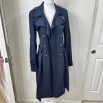 Military Style Chic Navy Trench Coat with Gold Buttons Medium Blue Photo 3