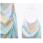 ZARA  Tie Dye Pastel Multi Color Satin Halter Cowl Ruched Slip Midi Dress Size XS Photo 9