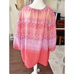 Catherines Top 3XL (26-28W) Chiffon 3/4 Sleeve Button V-Neck Orange/Pink Fairy Photo 1